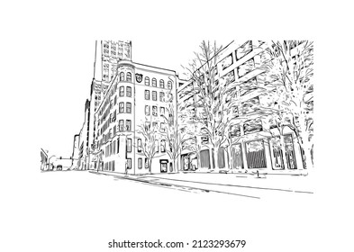 Building view with landmark of Memphis is the 
city in Tennessee. Hand drawn sketch illustration in vector.