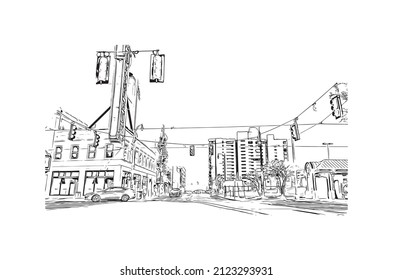 Building view with landmark of Memphis is the 
city in Tennessee. Hand drawn sketch illustration in vector.