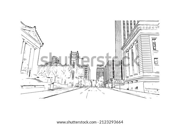 Building view with\
landmark of Memphis is the \
city in Tennessee. Hand drawn sketch\
illustration in\
vector.