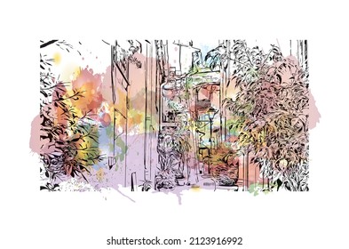 Building view with landmark of Menton is the commune in France. Watercolor splash with hand drawn sketch illustration in vector.