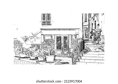 Building view with landmark of Menton is the commune in France. Hand drawn sketch illustration in vector.