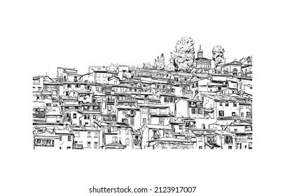 Der Blick auf das Gebäude mit Wahrzeichen von Menton ist die Gemeinde in Frankreich. Handgezeichnete Skizzengrafik in Vektorgrafik.