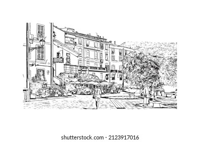 Building view with landmark of Menton is the commune in France. Hand drawn sketch illustration in vector.