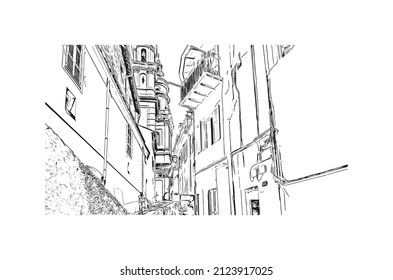 Der Blick auf das Gebäude mit Wahrzeichen von Menton ist die Gemeinde in Frankreich. Handgezeichnete Skizzengrafik in Vektorgrafik.