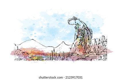 La comuna de Francia tiene vistas a la ciudad de Menton. Salto de color de agua con ilustración de esbozo dibujada a mano en vector.