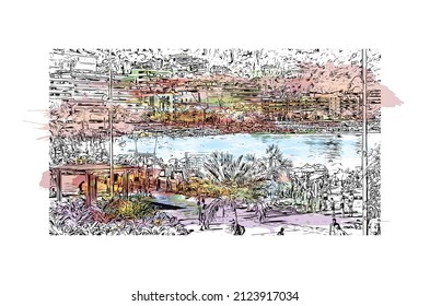 Building view with landmark of Menton is the commune in France. Watercolor splash with hand drawn sketch illustration in vector.