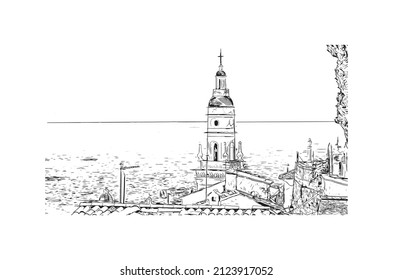 Building view with landmark of Menton is the commune in France. Hand drawn sketch illustration in vector.