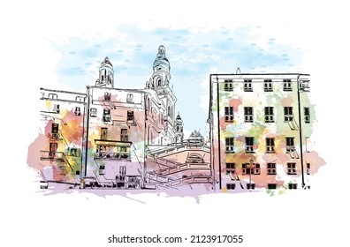 Building view with landmark of Menton is the commune in France. Watercolor splash with hand drawn sketch illustration in vector.