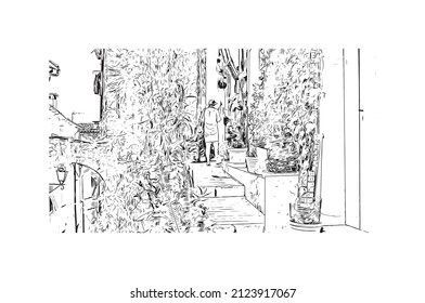 Building view with landmark of Menton is the commune in France. Hand drawn sketch illustration in vector.