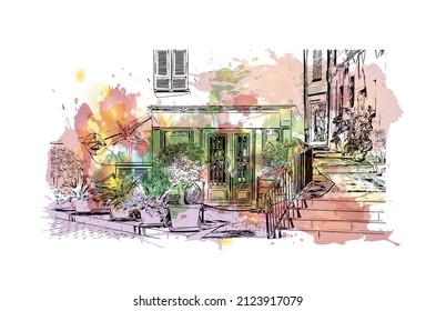 Building view with landmark of Menton is the commune in France. Watercolor splash with hand drawn sketch illustration in vector.