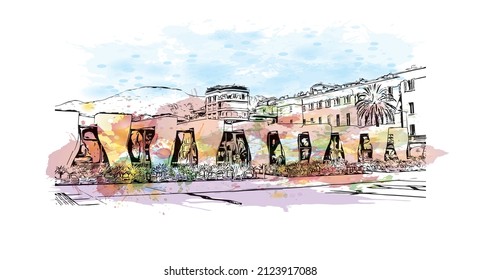 Building view with landmark of Menton is the commune in France. Watercolor splash with hand drawn sketch illustration in vector.