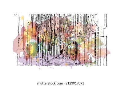 Building view with landmark of Menton is the commune in France. Watercolor splash with hand drawn sketch illustration in vector.