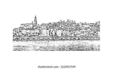 La comuna de Francia tiene vistas a la ciudad de Menton. Dibujo a mano de ilustración de esbozo en vector.