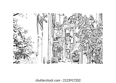 La comuna de Francia tiene vistas a la ciudad de Menton. Dibujo a mano de ilustración de esbozo en vector.