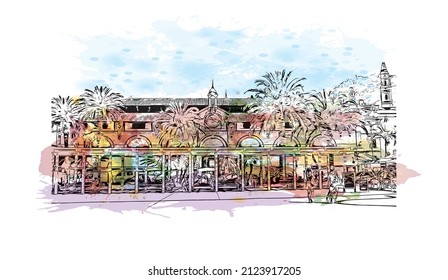 Building view with landmark of Menton is the commune in France. Watercolor splash with hand drawn sketch illustration in vector.