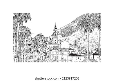 Building view with landmark of Menton is the commune in France. Hand drawn sketch illustration in vector.