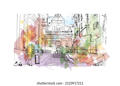 Building view with landmark of Menton is the commune in France. Watercolor splash with hand drawn sketch illustration in vector.