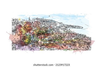 La comuna de Francia tiene vistas a la ciudad de Menton. Salto de color de agua con ilustración de esbozo dibujada a mano en vector.