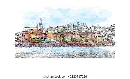 Building view with landmark of Menton is the commune in France. Watercolor splash with hand drawn sketch illustration in vector.