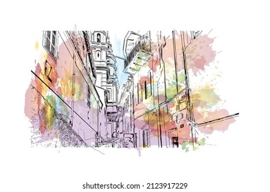 Building view with landmark of Menton is the commune in France. Watercolor splash with hand drawn sketch illustration in vector.