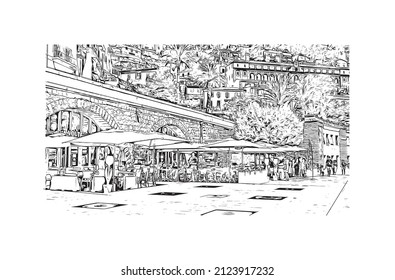 La comuna de Francia tiene vistas a la ciudad de Menton. Dibujo a mano de ilustración de esbozo en vector.