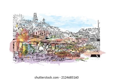 Building view with landmark of Menton is the commune in France. Watercolor splash with hand drawn sketch illustration in vector.
