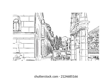 Building view with landmark of Menton is the commune in France. Hand drawn sketch illustration in vector.