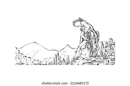 Building view with landmark of Menton is the commune in France. Hand drawn sketch illustration in vector.