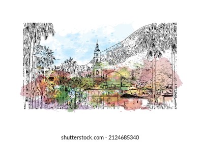 Building view with landmark of Menton is the commune in France. Watercolor splash with hand drawn sketch illustration in vector.