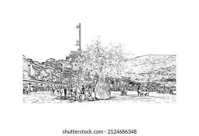 Building view with landmark of Menton is the commune in France. Hand drawn sketch illustration in vector.