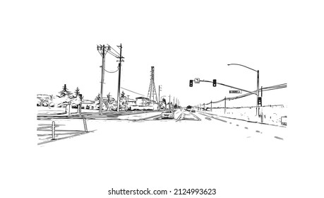  Building view with landmark of Merced is the city in California. Hand drawn sketch illustration in vector.