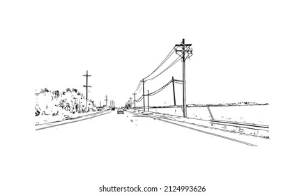  Building view with landmark of Merced is the city in California. Hand drawn sketch illustration in vector.