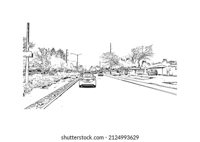  Building view with landmark of Merced is the city in California. Hand drawn sketch illustration in vector.