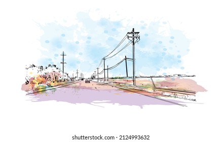  Building view with landmark of Merced is the city in California. Watercolor splash with hand drawn sketch illustration in vector.