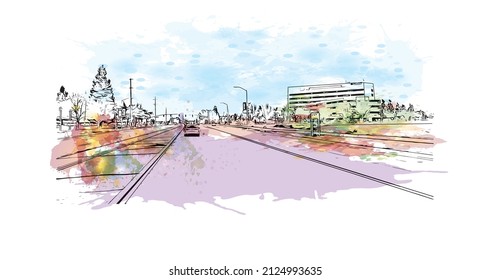  Building view with landmark of Merced is the city in California. Watercolor splash with hand drawn sketch illustration in vector.