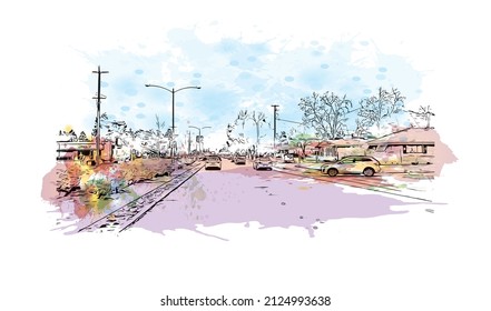  Building view with landmark of Merced is the city in California. Watercolor splash with hand drawn sketch illustration in vector.