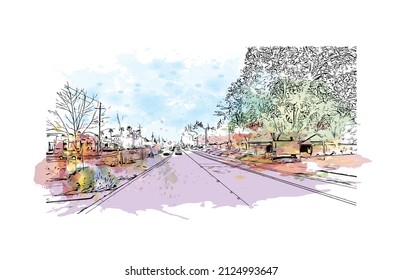  Building view with landmark of Merced is the city in California. Watercolor splash with hand drawn sketch illustration in vector.