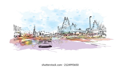  Building view with landmark of Merced is the city in California. Watercolor splash with hand drawn sketch illustration in vector.