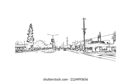  Building view with landmark of Merced is the city in California. Hand drawn sketch illustration in vector.