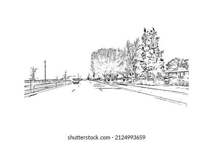  Building view with landmark of Merced is the city in California. Hand drawn sketch illustration in vector.