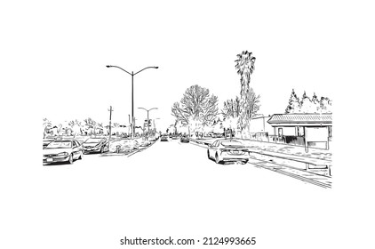  Building view with landmark of Merced is the city in California. Hand drawn sketch illustration in vector.