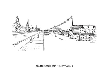  Building view with landmark of Merced is the city in California. Hand drawn sketch illustration in vector.