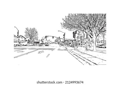  Building view with landmark of Merced is the city in California. Hand drawn sketch illustration in vector.