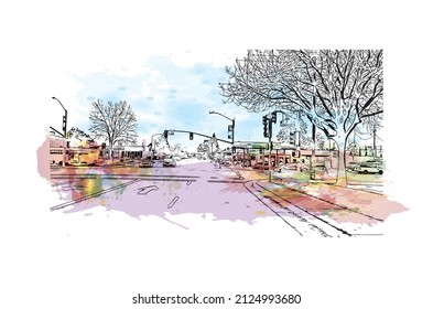  Building view with landmark of Merced is the city in California. Watercolor splash with hand drawn sketch illustration in vector.