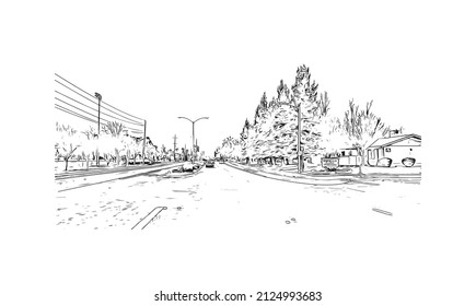  Building view with landmark of Merced is the city in California. Hand drawn sketch illustration in vector.