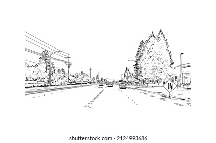  Building view with landmark of Merced is the city in California. Hand drawn sketch illustration in vector.