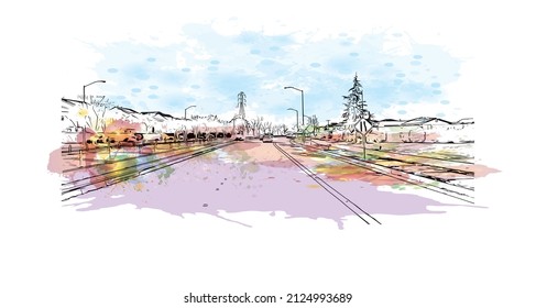  Building view with landmark of Merced is the city in California. Watercolor splash with hand drawn sketch illustration in vector.