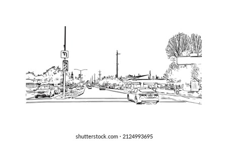  Building view with landmark of Merced is the city in California. Hand drawn sketch illustration in vector.