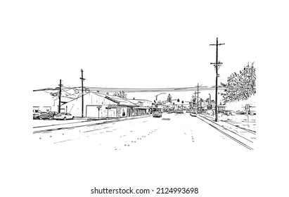  Building view with landmark of Merced is the city in California. Hand drawn sketch illustration in vector.