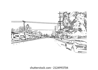  Building view with landmark of Merced is the city in California. Hand drawn sketch illustration in vector.